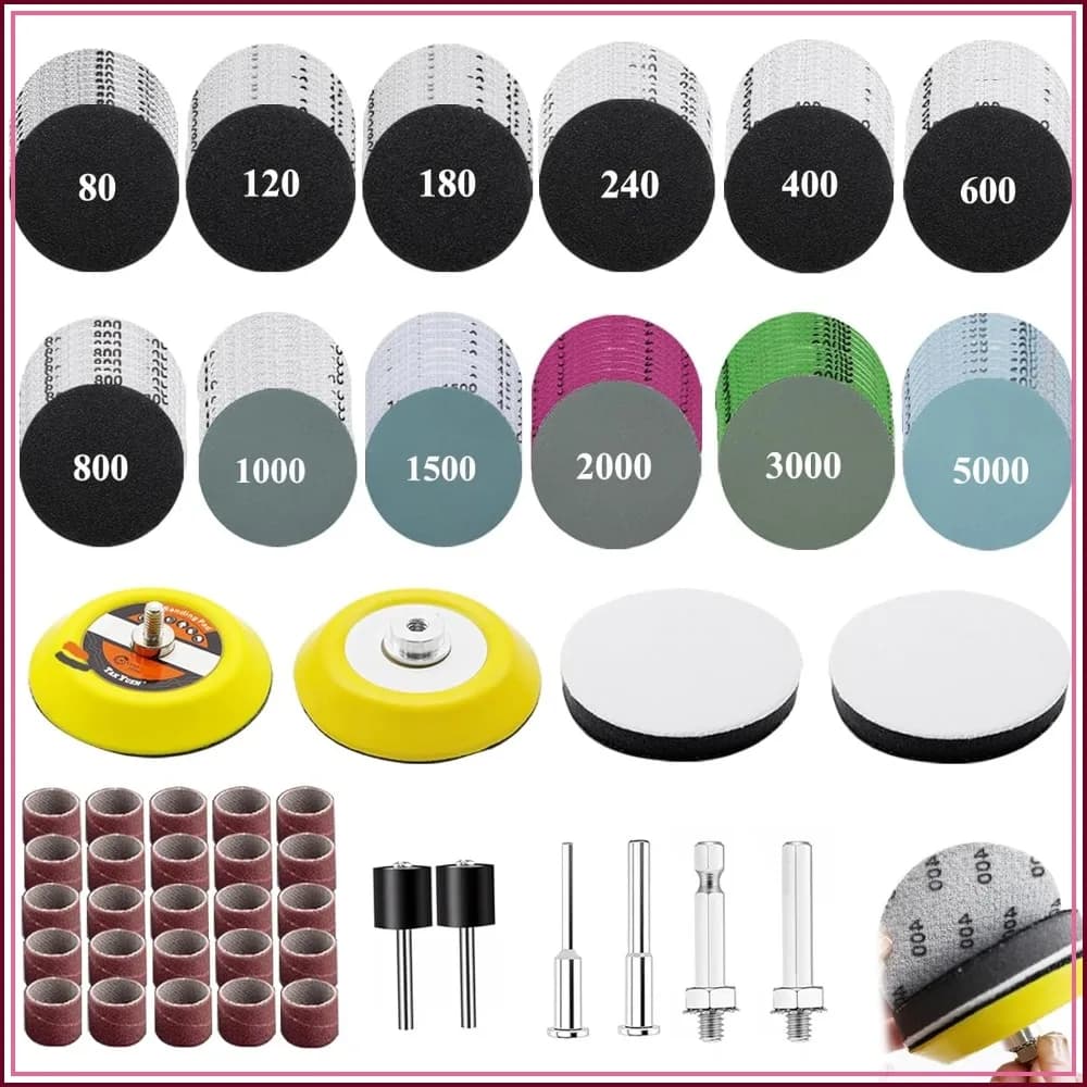 275PCS 2" Sanding Discs & Drum for Rotary Tools, 80-5000 Grit Hook & Loop Sandpaper with 1/4" & 1/8" Shank Pads for Resin/Rock/Jewelry Polishing