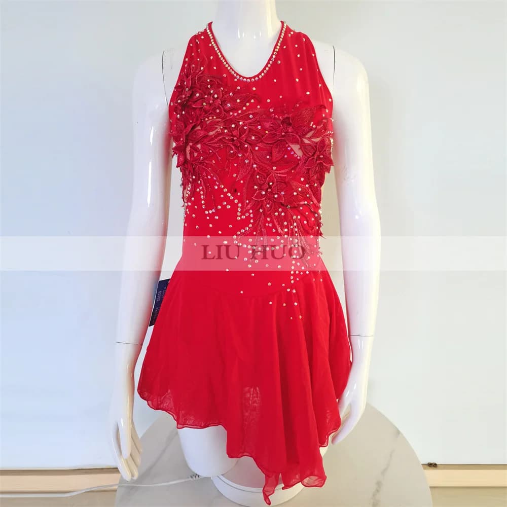 LIUHUO Donna Aldult Ragazza Costume personalizzato Concorso di prestazioni Body Pattinaggio di figura sul ghiaccio Vestito Danza Adolescenti Senza maniche Rosso