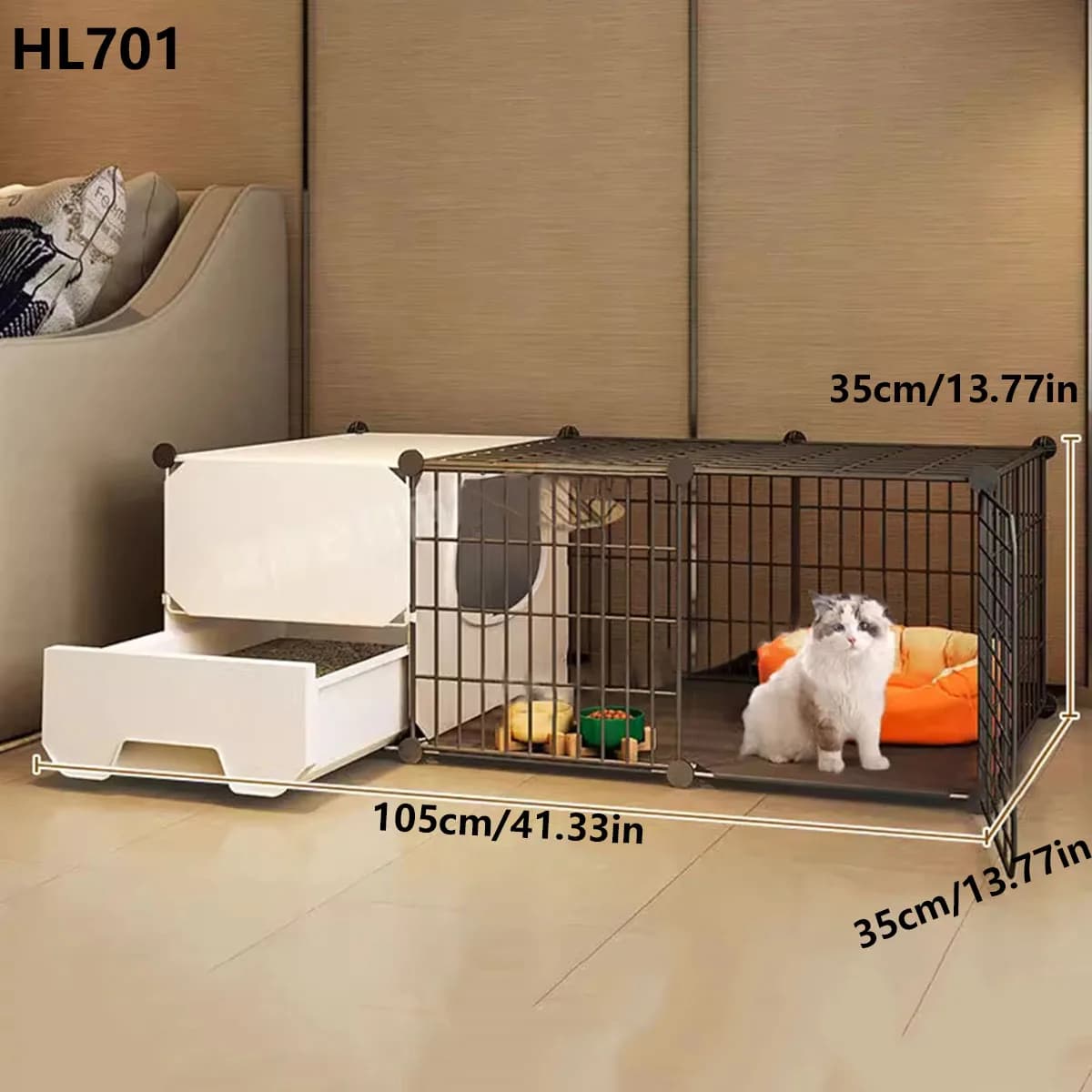 Grande Gabbia per Gatti a 3 Livelli in Metallo con Cassetta Igienica a Cassetto, Box Modulare Fai-da-te per Gattini, Cuccia e Recinto Indipendente per Gatti con Toilette, Facile da Montare, HL706