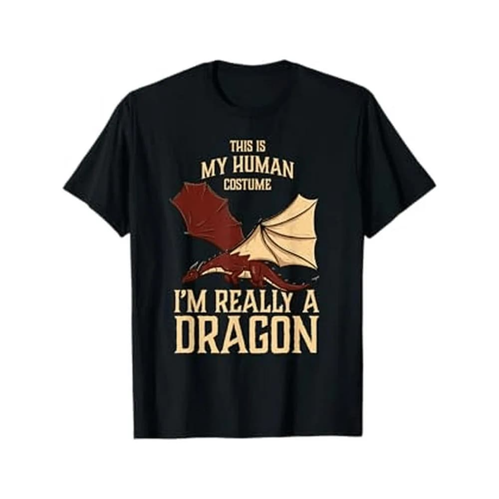 T-shirt divertente da uomo con costume da drago | Maglietta con stampa grafica "This Is My Human I'm Really a Dragon" con drago rosso e ali di pipistrello