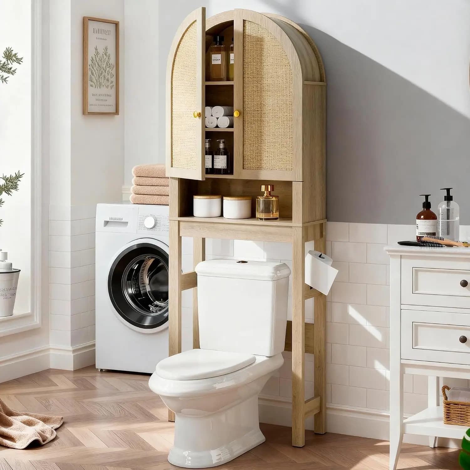 The Toilet Storage Cabinet,Arched Bathroom Organizer and Storage with Rattan Doors and Adjustable Shelf,Space-Saving Customized