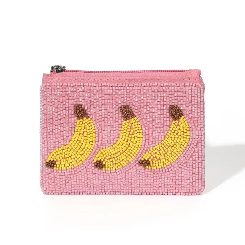 Embroidered Beaded Coin Purse,Women Exquisite Banana Coconut Tree Pattern Wallet,Zipper Closure Id Card Holder,Passport Cover