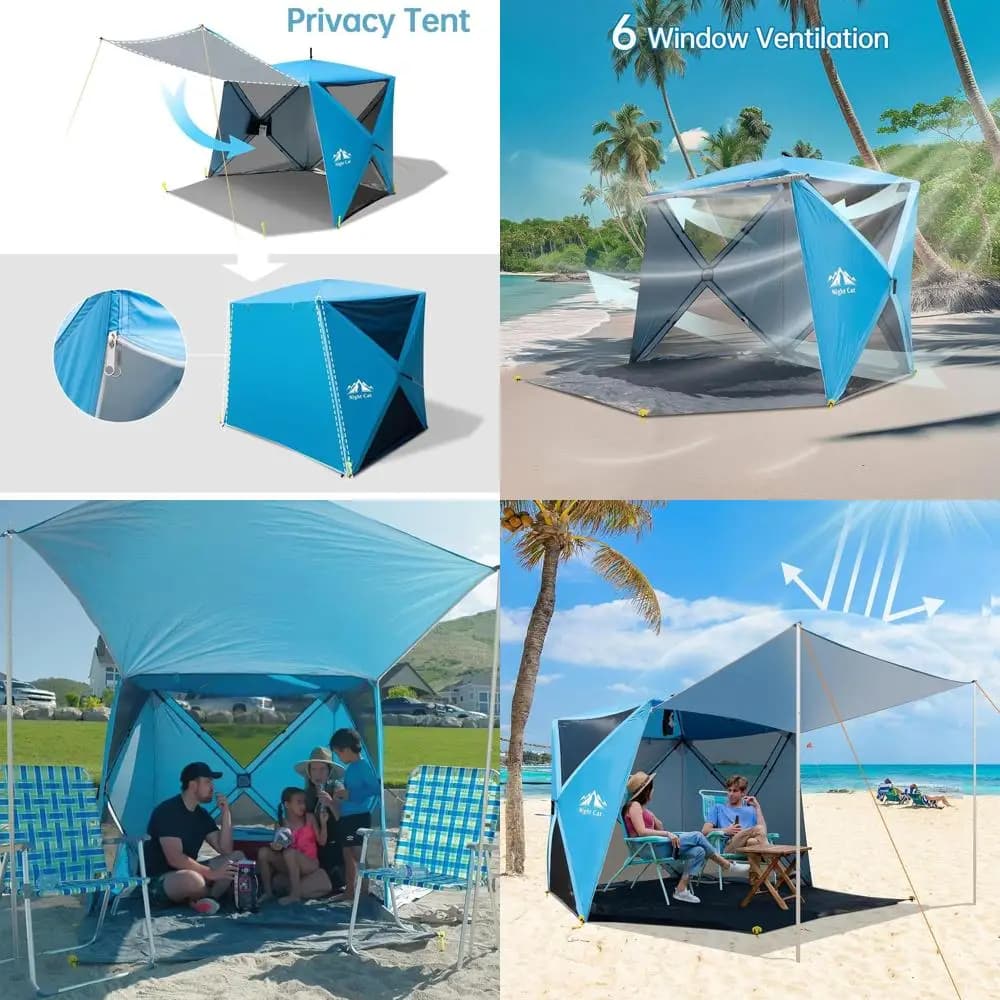 Beach curtain for 4 people with canopy, UPF 50+ solar protection, outdoor shelter (pollics not included)