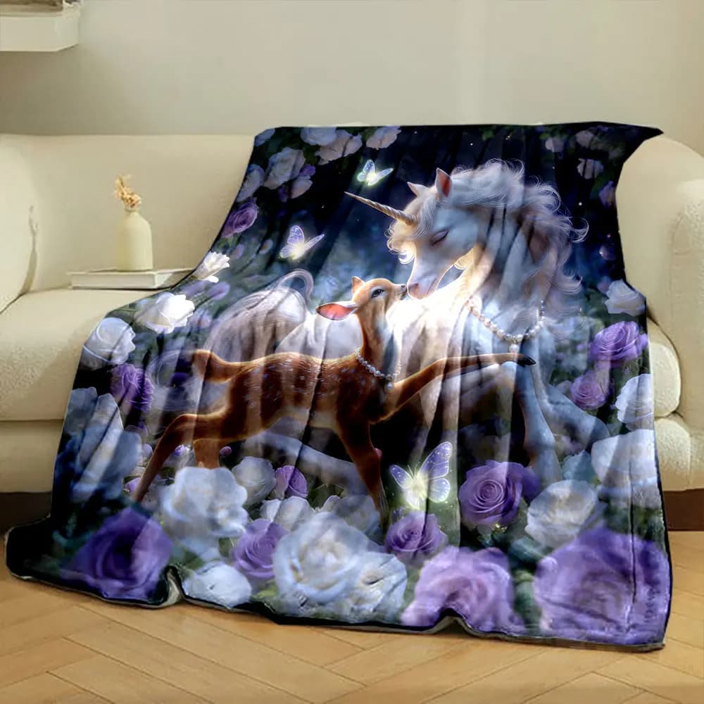 Coperta Stampata 3D con Unicorno e Cervo dal Libro della Giungla, per Camera da Letto, Soggiorno, Divano, Ufficio, Viaggio, Camper, Coperta Morbida e Soffice, Regalo per le Feste