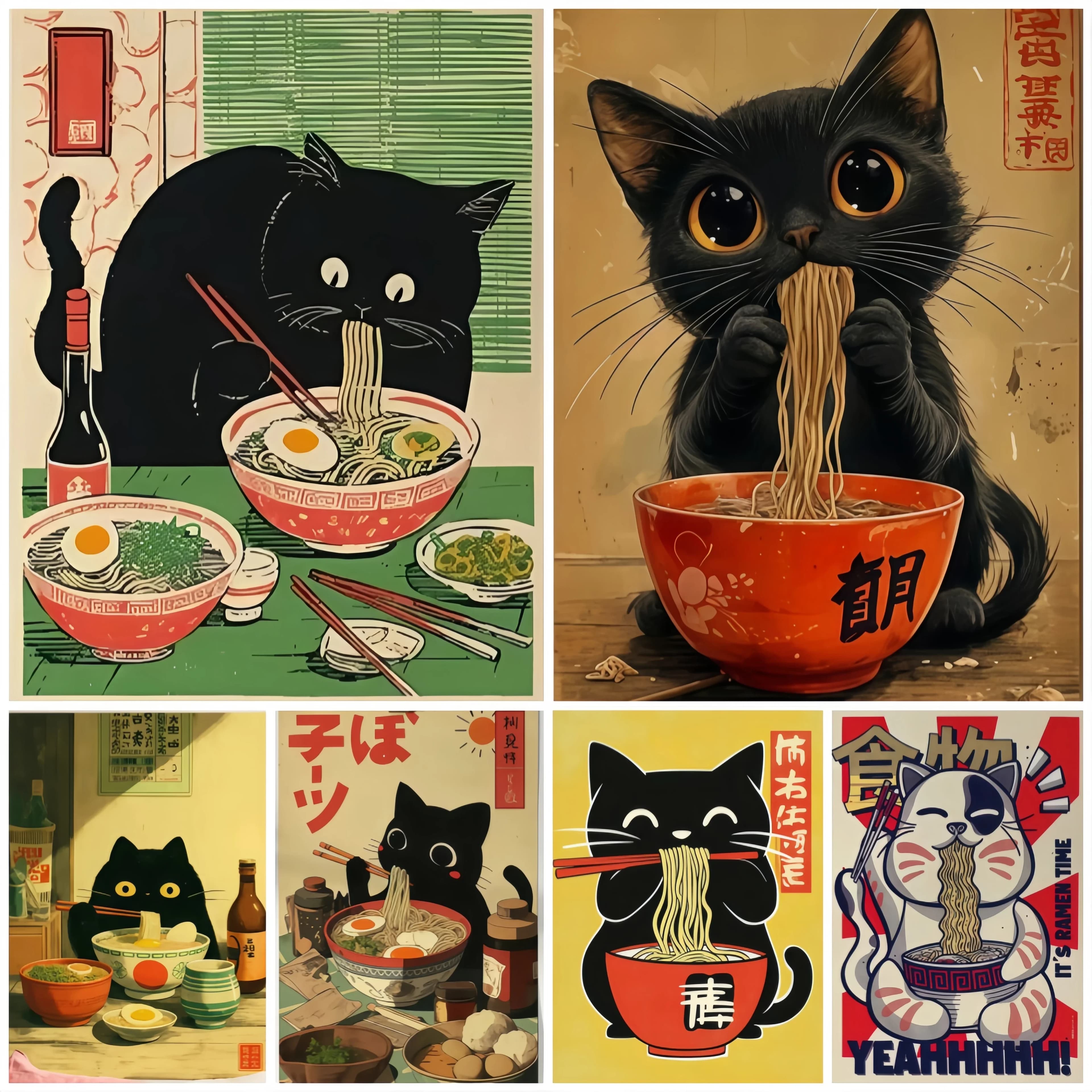Japanese Cat Eating Lamian Noodles Abstract Art Poster Canvas Print Modern Kitchen Dining Room Wall Decor for Living Room Hom