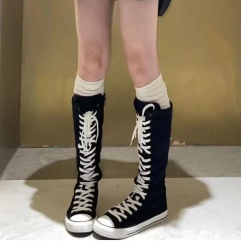 2026 Boots Women Sneakers Canvas Casual High Top Shoes Long Boot Lace-Up Zipper Comfortable Flat Boot Sneakers Tenis Feminino
