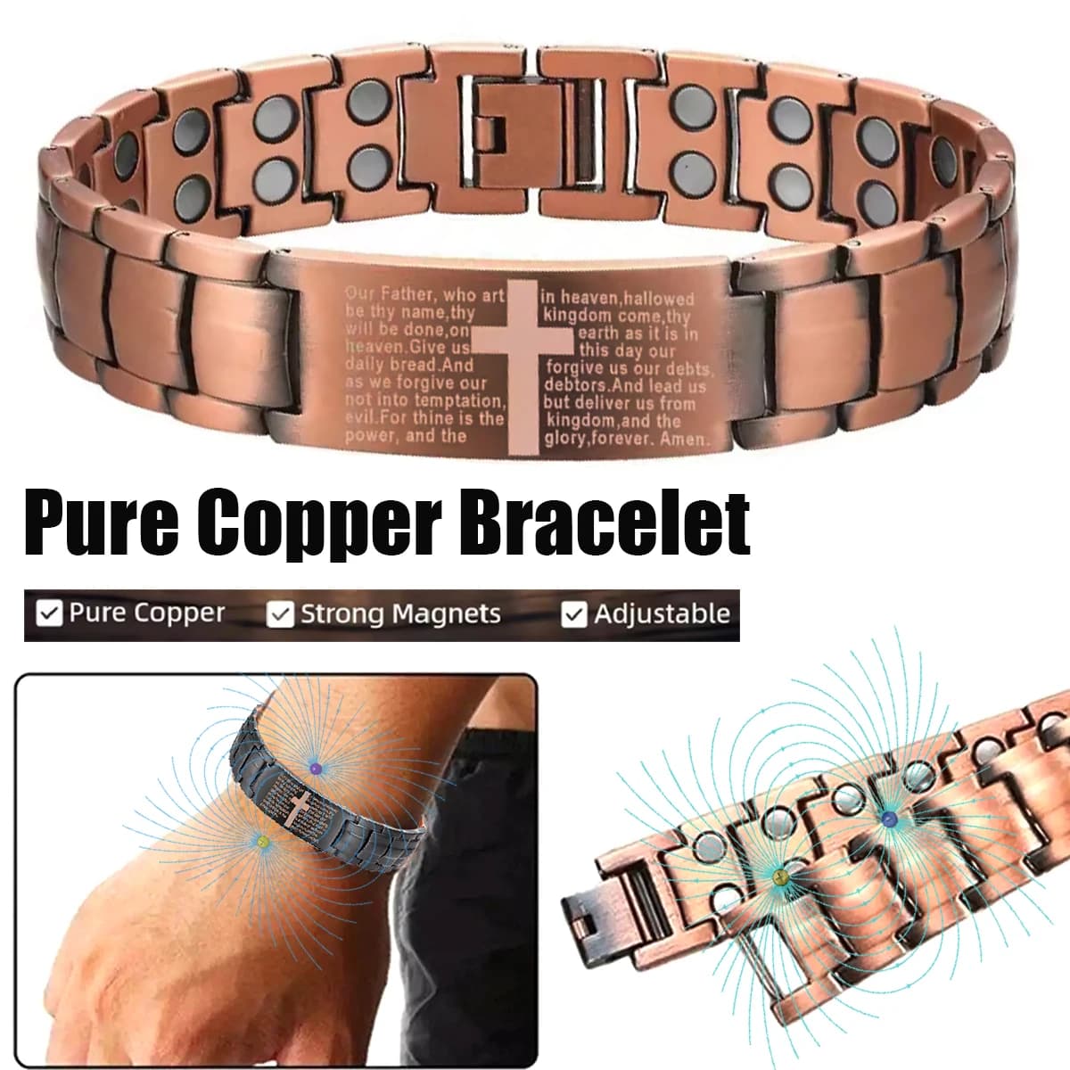 Vintage Red Copper Magnetic Therapy Bracelet Cross Our Father Prayer Scripture Engraved Adjustable Link Wristband Christian Faith Bracelet For Male
