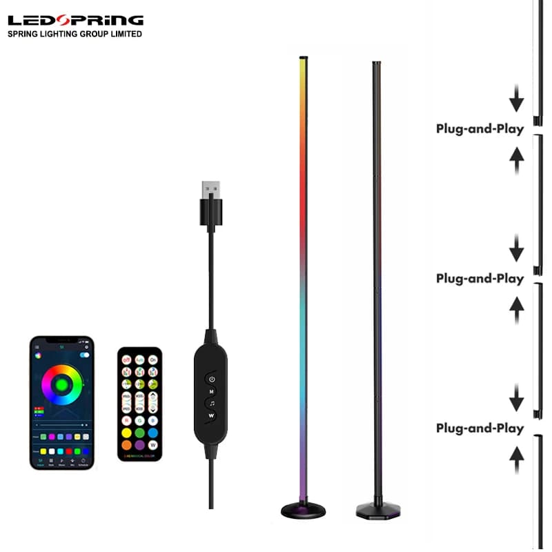 Lampada da Terra LED Angolare Intelligente con Controllo WiFi e Vocale, RGBIC, Sincronizzazione Musicale, Controllo Sonoro, Paralume Bianco, Plug&Play, Dimmerabile