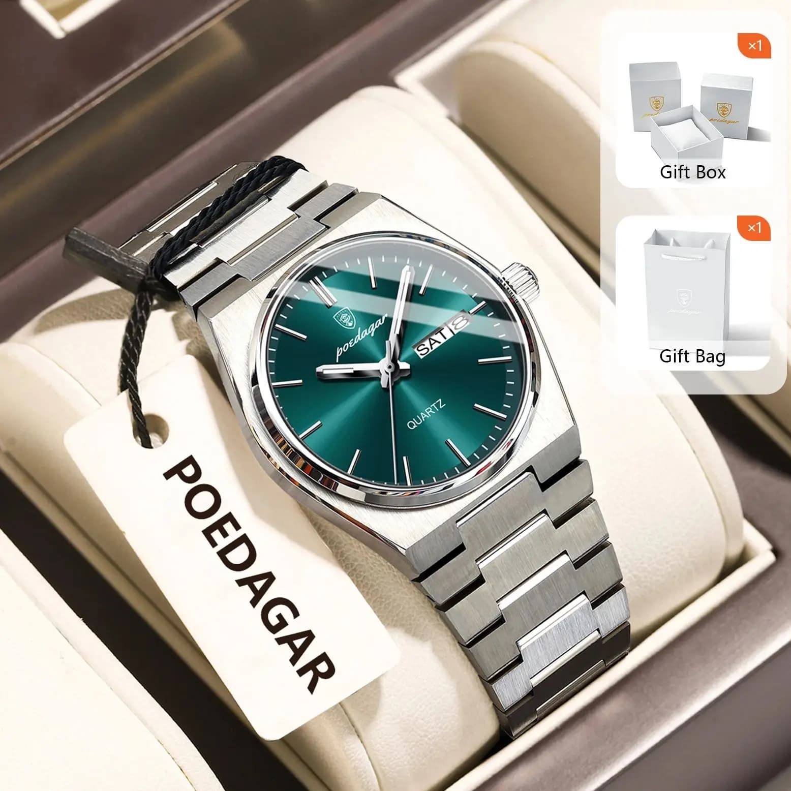 POEDAGAR Top Women's Watch Date Week Luminous Waterproof Women's Wrist Watch Quartz Stainless Steel + Gift Box
