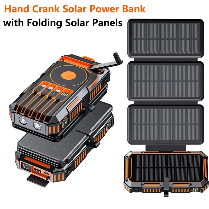 Power Bank Solare a Manovella da 20000mAh con 4 Pannelli Solari Pieghevoli, Caricatore Wireless Magnetico Veloce per iPhone 17 16 iWatch