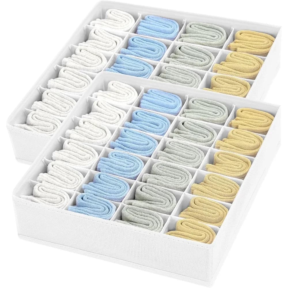 Organizzatore per calzini e biancheria intima – Confezione da 2, divisori pieghevoli a 48 scomparti per calzini, cravatte, cinture – Bianco