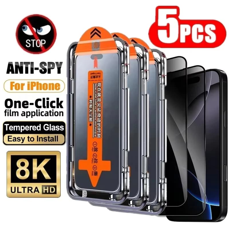 5 Pieces Protective Film Privacy for iPhone 17 Pro Max 16 15 14 13 12 11 16e Plus Mini XR, Installation Without Powder, Tempered Glass Anti-Spia