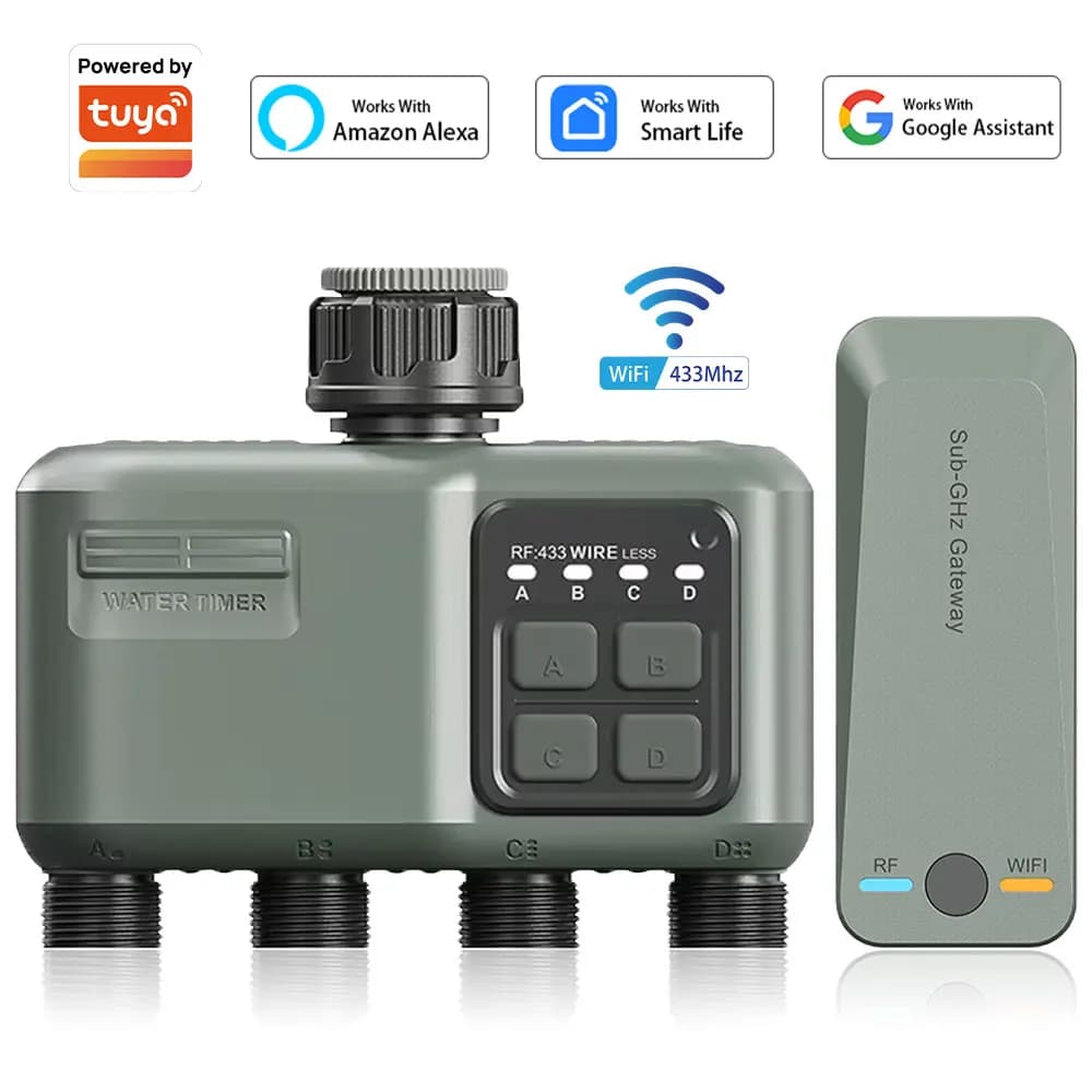 Timer Digitale Programmabile a 4 Uscite per Tubo da Giardino, con Ritardo Pioggia/Sistema di Irrigazione Automatico, per Giardino e Prato