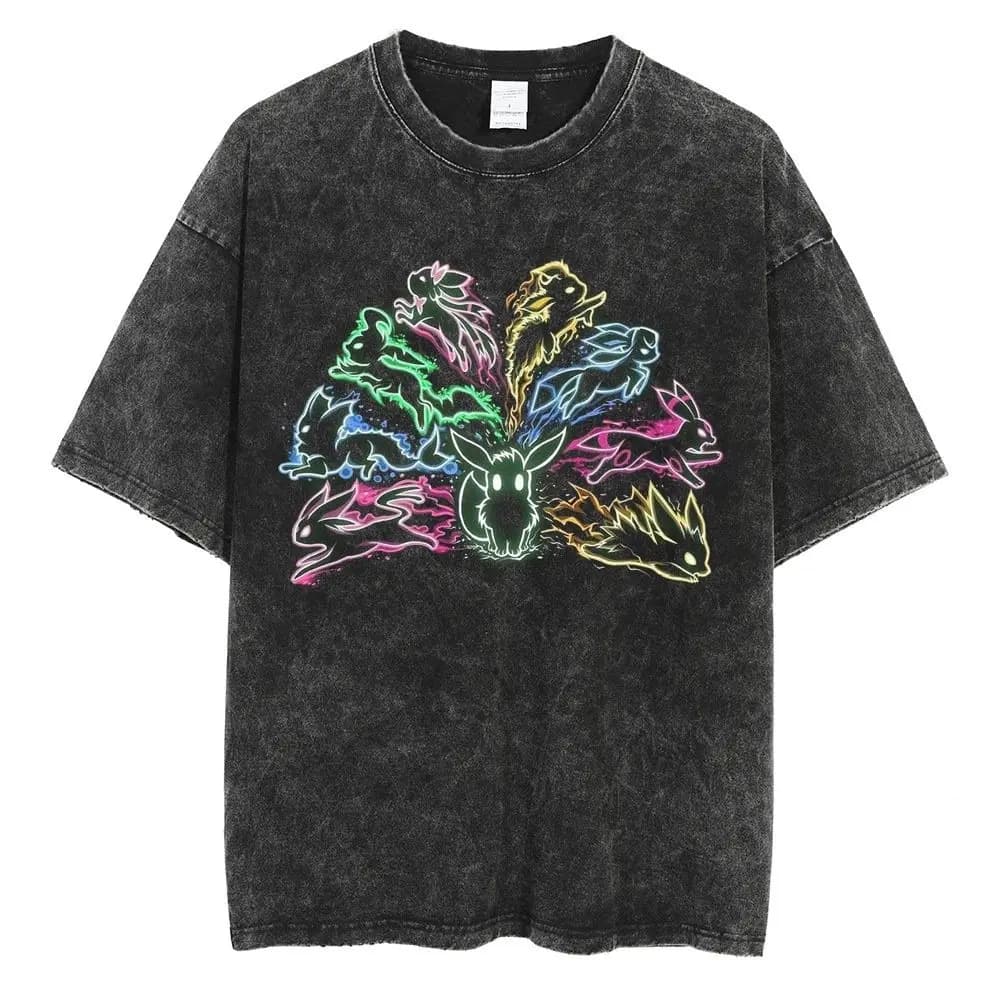 Maglietta in cotone lavato vintage Pokemon 2026 Summer Oversized Streetwear Eevee All Evolutions Neon Glow Graphi