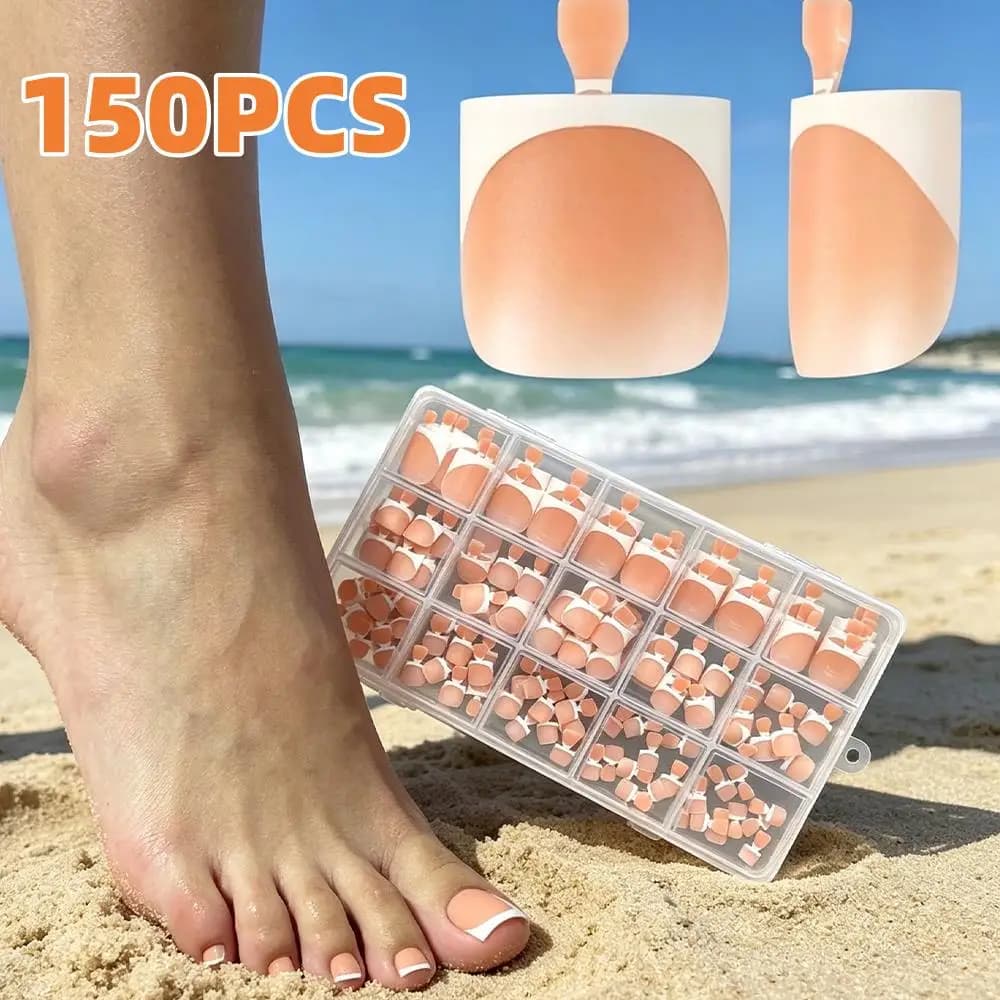 150pc Matte Peach Nude Square Press On Toenails White French Soft Gel Fake Toe Nails for Summer Beach Bridal Daily False Toenail