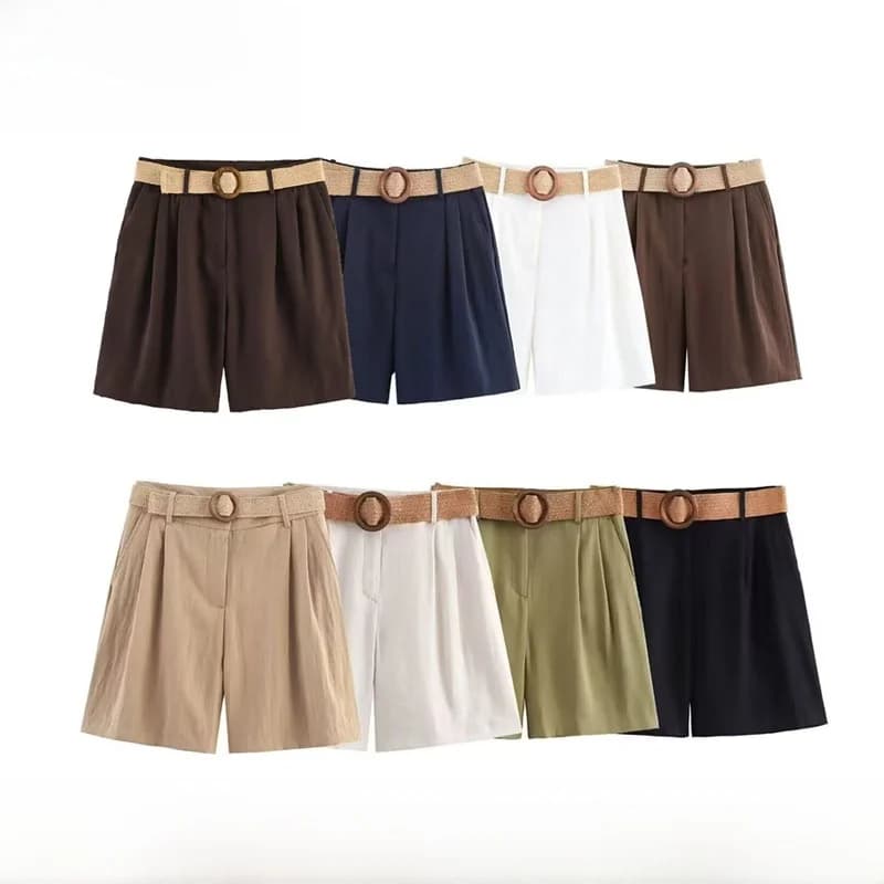 New Spring Summer Women's Bermuda Shorts Fashionable Versatile Belted High Waist Straight Leg Casual Pants Polyester Fiber