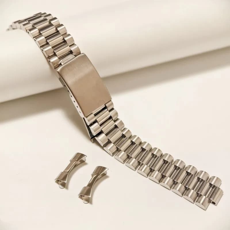 Vintage Style President Stainless Steel Watch Strap with Three Pearls and Curved Extremity, 18mm 19mm 20mm 22mm, Compatible with RLX SKX