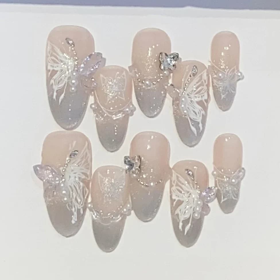 10 pezzi fatti a mano stampa sulle unghie copertura completa lucida Aurora Cat Eye farfalla strass unghie finte mandorla francese manicure indossabile
