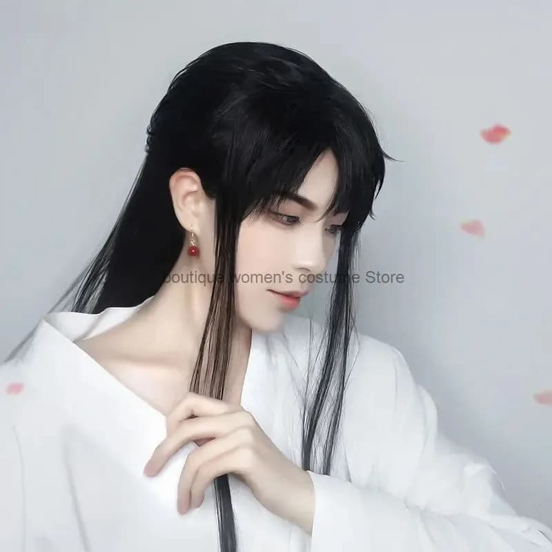 Parrucca lunga nera diritta di Cos Shen Lanzhou Set di parrucche universali stile antico Copricapo versatile da uomo Hanfu