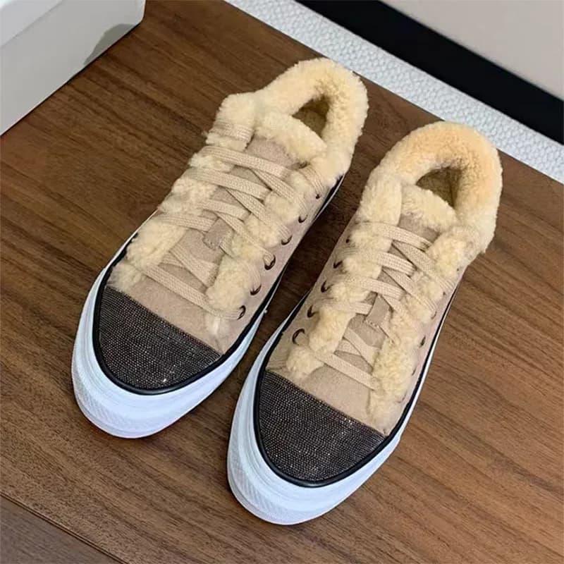Women's Casual Gymnastics Shoes Round Toe Strings Women's White Shoes String Bead Leather Suede Women's Sports Shoes Hot Winter Wool