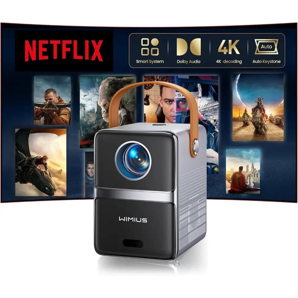 Mini Proiettore Portatile 4K con Wii e Bluetooth, Compatibile con Netflix, Audio Dolby, Correzione Automatica del Trapezio e per Cinema all'Aperto
