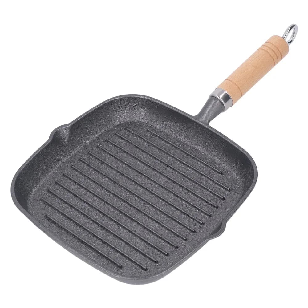 Padella in Ghisa con Manico in Legno, Antiaderente, per Bistecche, Multifunzionale, Riscaldamento Uniforme, per Uso Interno ed Esterno