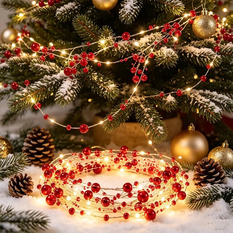 Red White Pearl LED String Lights Fairy Copper Wire Green Leaf Vine Battery Powered Christmas Wedding Home Holiday Party Decor