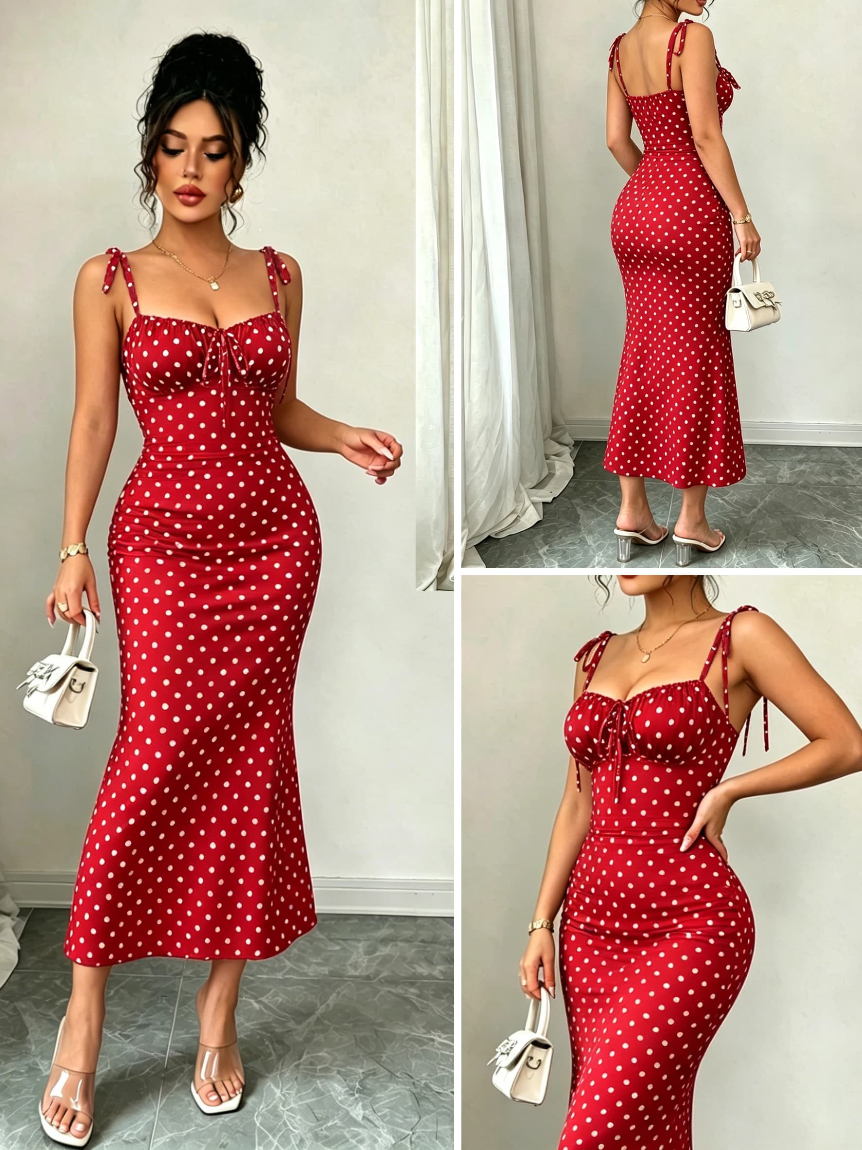 High-Elasticity Red Polka Dot Fishtail Skirt with Shoulder Straps + Chest Ruching for a Strong Waist Cinch, Slim Fit, Hip-Hugging Vintage Mid-Length Skirt