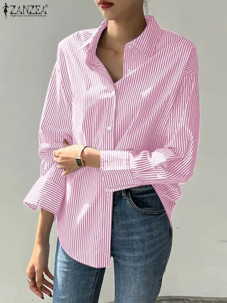 ZANZEA Camicetta allentata a righe da donna 2023 Colletto rovesciato da ufficio Manica lunga Vintage Top Camicia con bottoni Blusa oversize Femininas