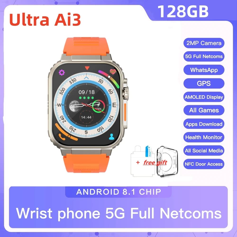 Smartwatch 4G Full Netcoms per uomo e donna Ultra Ai 3 4G Android Watch con SIM, 128GB, GPS, WIFI, download APP, 49MM.