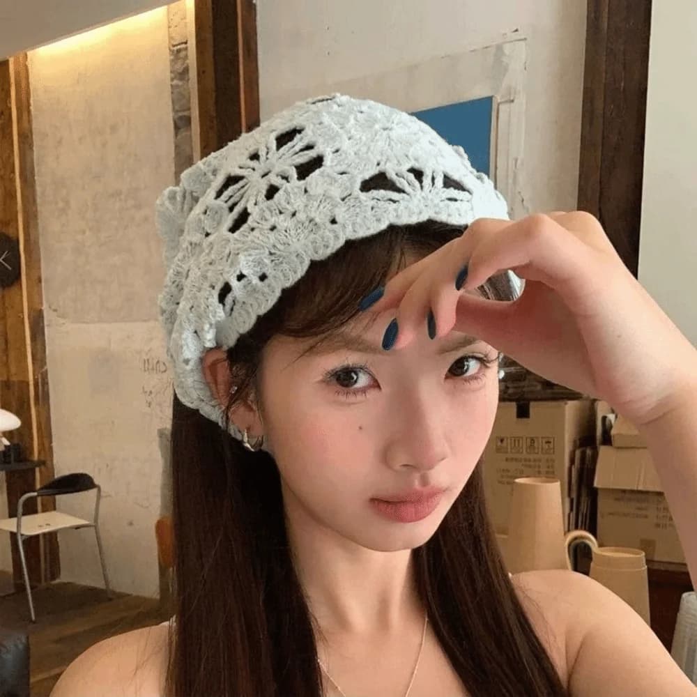 Solid Color Triangle Hair Scarf Sheer Mesh Hollow Knitted Headscarf Retro Knitted Sweet Cute Strap Fashion Headscarf For Women
