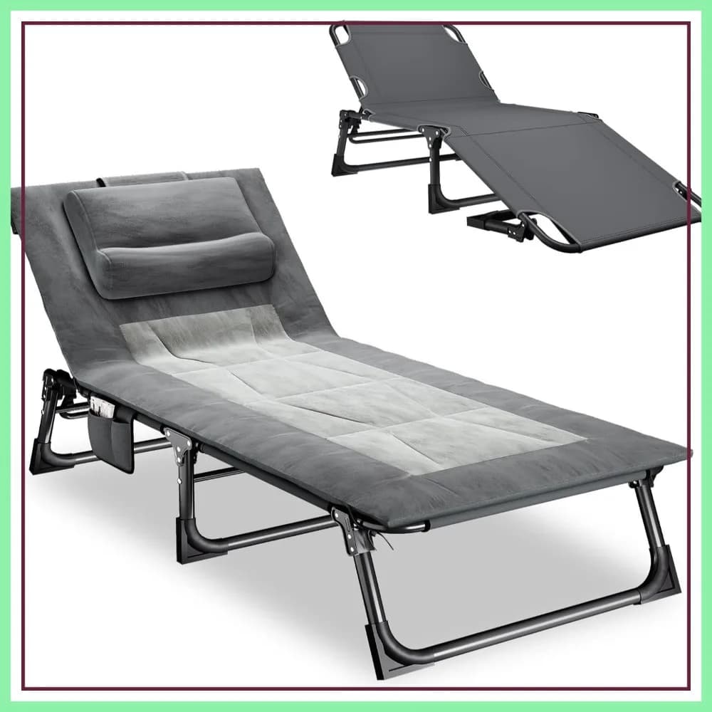 Lettino da Campeggio Pieghevole Regolabile per Adulti, Sedia Reclinabile a 4 Posizioni con Materasso e Cuscino, Letto Portatile per Viaggi, Giardino, Piscina, Pisolino in Ufficio (Grigio)