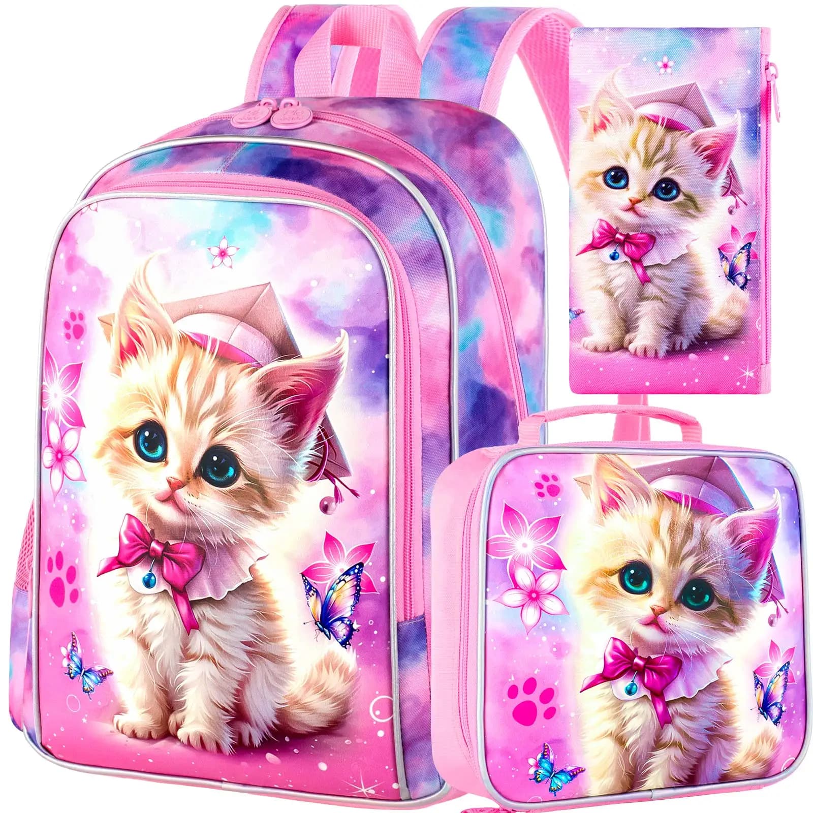 Set di 3 Zaini per Bambine con Motivo Gatto, Zaino da 16 Pollici con Porta Pranzo, Borsa Scolastica Resistente all'Acqua per Scuola Elementare e Asilo