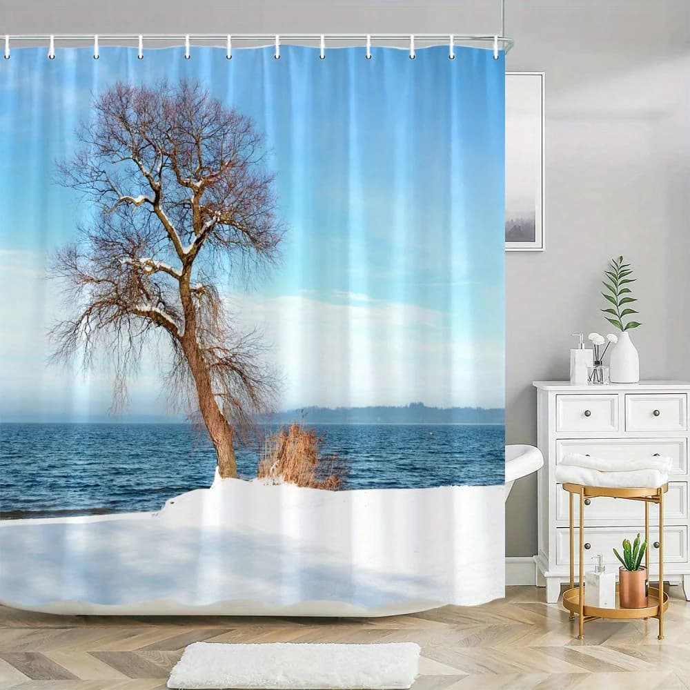 Tenda da doccia a bordo del lago con albero innevato da 1 pezzo - Scena naturale tranquila invernale, decorazioni per la casa serene per vasca da bagno o doccia
