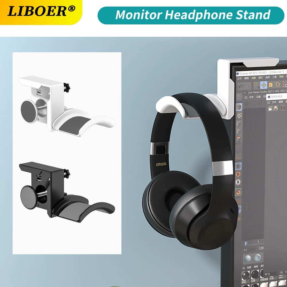 Support for Monitor Headphones, Plastic, Adjustable, with Space Clamp, for PC Screen, Headphones and Headphones for Gaming and Office