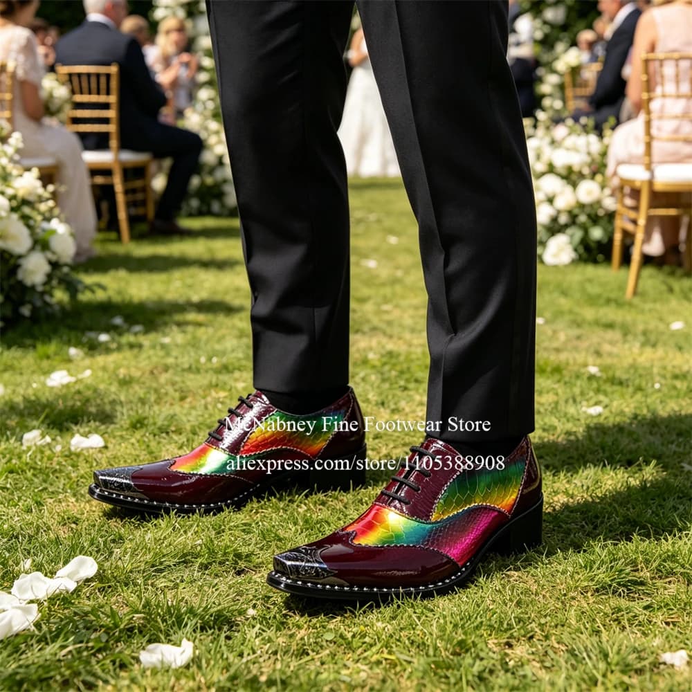 Burgundy Leather Rainbow Snake Print Oxfords Metal Pointed Toe Lace up Block Heel Handmade Men Dress Shoes Wedding Business