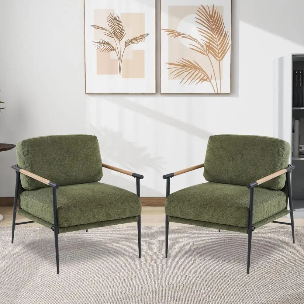 Set di 2 Poltrone Verdi in Ciniglia Stile Mid-Century Moderno con Cuscini Imbottiti Morbidi per Soggiorno, Salotto, Camera da Letto, W