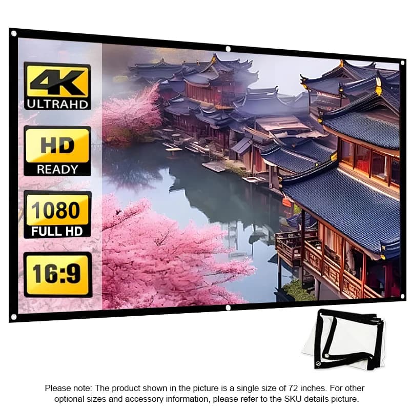 60-150 inch projection screen 16:9, perfect for outdoor viewing, with stylish design and free hooks, white soft screen