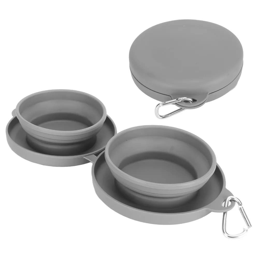 Food Grade Silicone Collapsible Pet Double Bowl Grey Double Cavity Foldable Pet Food Water Bowl Lightweight Large Capacity
