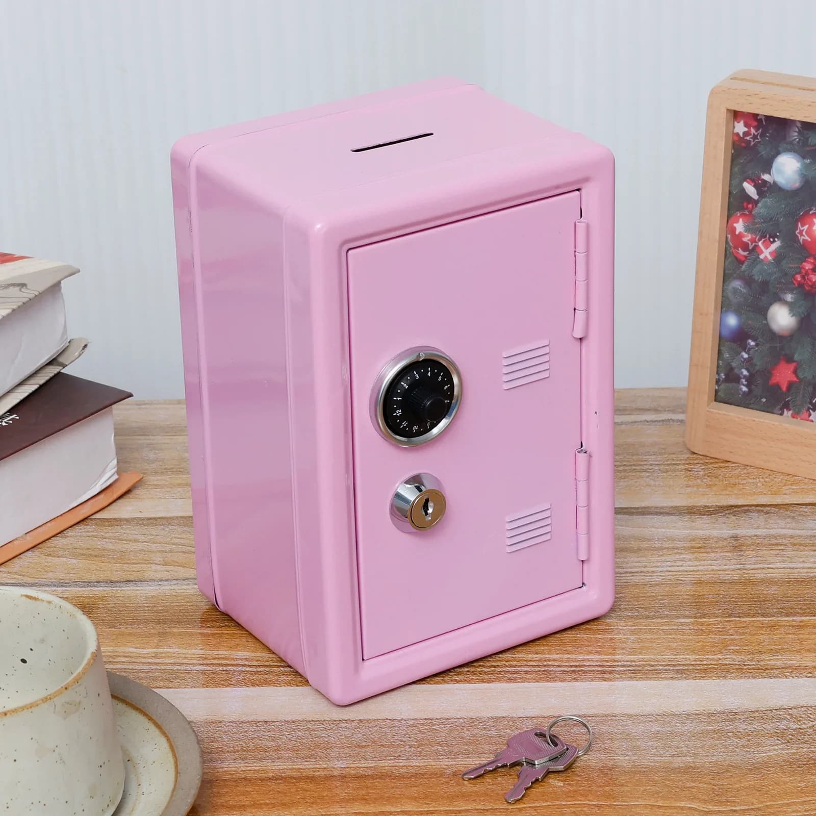 Mini safe for children with metal lock, desk box for banknotes and coins, with lock for home, money, cash and jewelry