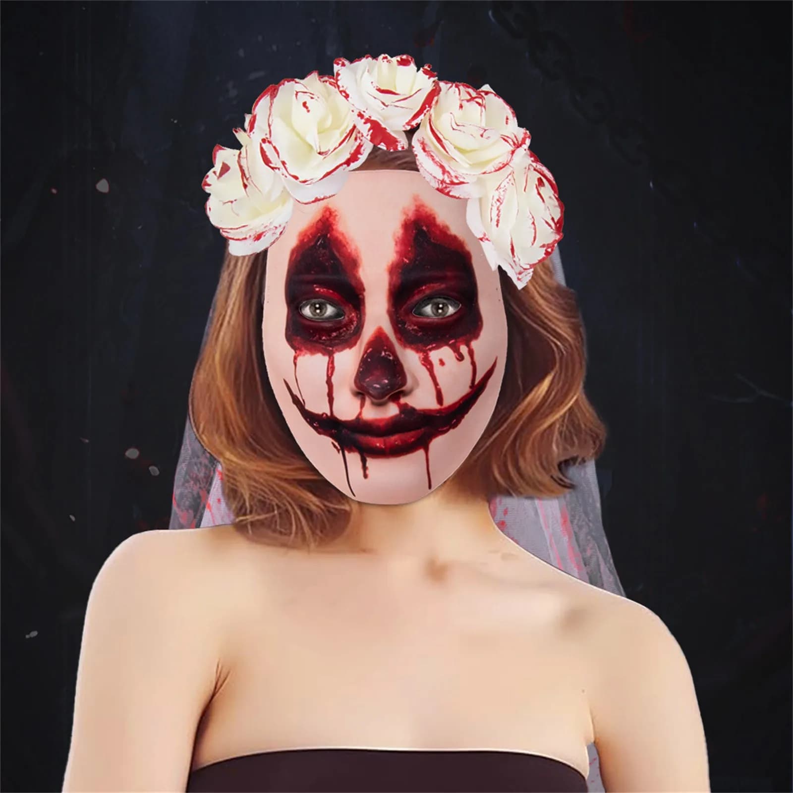Adult Gothic Bride Halloween Costume Veil Flower Headband Bloody Hairhoop Dark Series Scary Phantom Bride Facemask Props