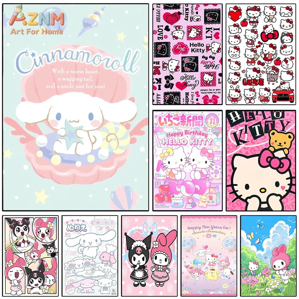AZNM Seashell Cinnamoroll Hello Kitty Kuromi My Melody Sanrio Cartoon Canvas Unframed Wall Art Print Pastel Cute Poster For Te