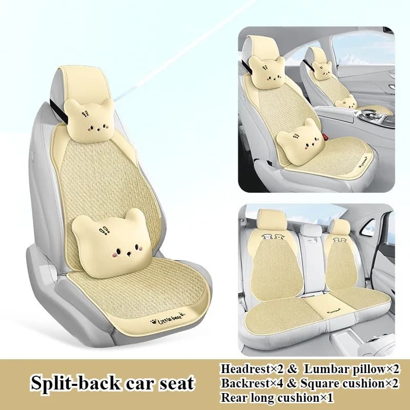Coprisedile per auto completo e traspirante a 5 posti - Pelle PU + Tessuto in rattan ghiacciato fresco, Ricamo giocoso, + Cuscini per la testa e lombari