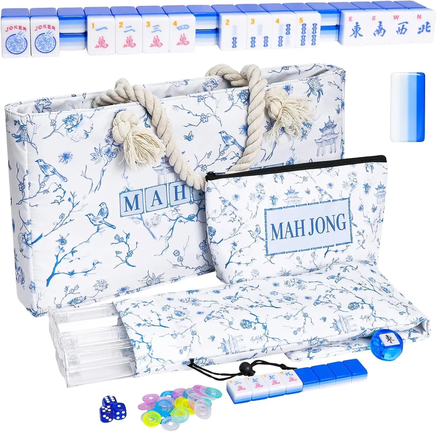 Set Mahjong Americano Inciso a 4 Strati con 166 Tessere in Acrilico, Borse Bianche, Supporti e Spingitori