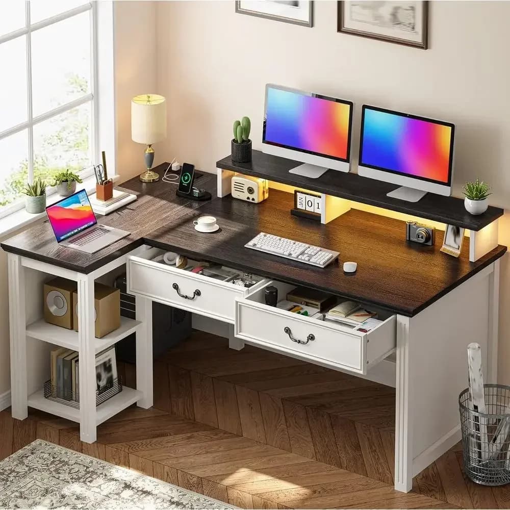 55 L-Shaped Computer Desk with Drawers, Long Monitor Stand, Storage Shelves for Home Office or Bedroom, Desks with Power Outlets