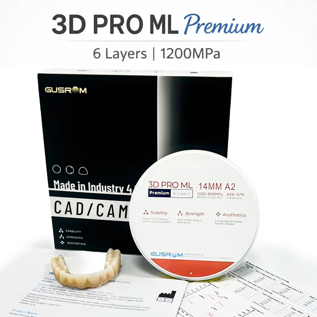 GUSROM 3D PRO ML Blocco di Zirconia Multistrato Premium 98mm 6 Strati Disco di Zirconia Dentale 1200MPa CAD CAM per Corone e Ponti 14mm 16mm