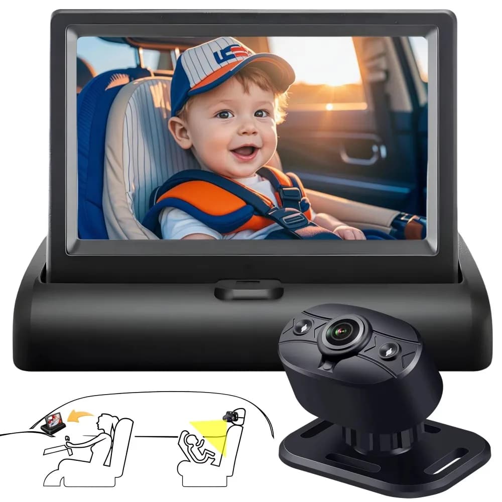 Monitor per Auto con Telecamera per Sedile Posteriore, Schermo Pieghevole da 4,3 Pollici, Visione Notturna, Telecamera Specchietto per Auto per Bambini e Animali Domestici