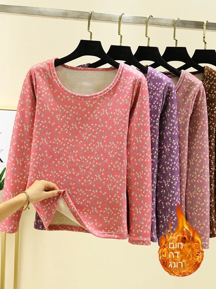 Women's Warm Fleece Lined Thickened Wool Silk Base Shirt Slimming Body Shaping T-Shirt round Neck Long Sleeve Inner Wear Top