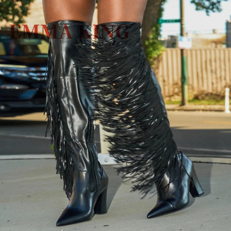 Black Fringe Chunky Boots for Women Sexy Pointed Toe Westren Cowboy Boots Female Autumn Winter Side Zipper Thigh High Boots
