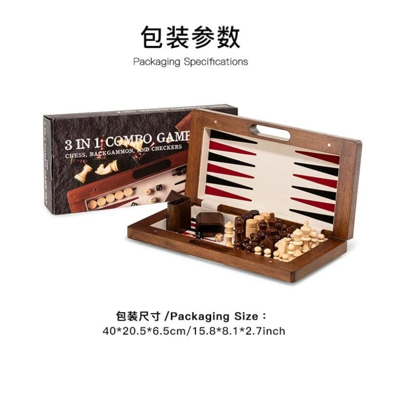 High-end solid wood 3in1 chess checkers backgammon set